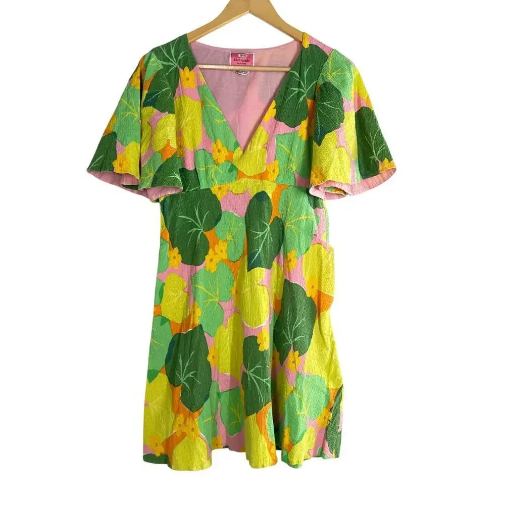 Kate Spade Cucumber Floral Dress Flutter Sleeve Mini Swing Multi 12